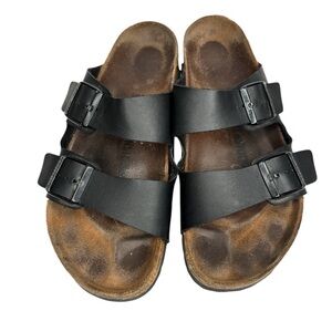 Birkenstocks black two strap unisex slip on sandals ladies 11 men 9